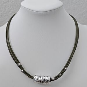 Silpada Sterling Silver Green Triple Leather Strand 17-19" Artsy Necklace N1481